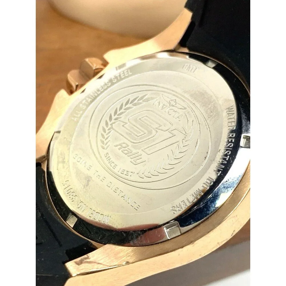 Invicta Men's Watch 38015 S1 Rally Quartz Black Dial Rose Gold Rubber Band 47mm